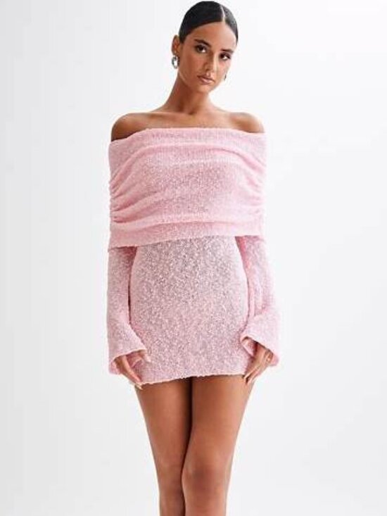 Meshki Dresses & Skirts - MESHKI Marisol Baby Pink Off Shoulder Boucle Mini Dress XL NWT